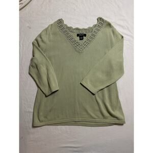 Crystal Kobe 1X Green Knit Sweater Top V-Neck Crochet Trim